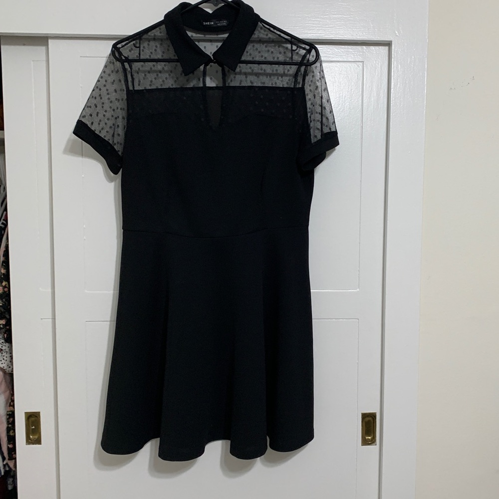 Black a line skater dress with sheer sleeves and collar